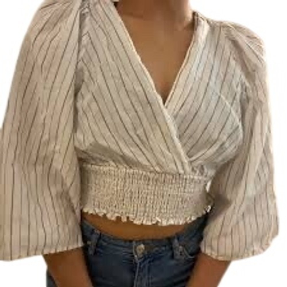 Zara Womens White Pinstripe Smocked Surplice Crop Top 3/4 Puff Sleeve‎ Small